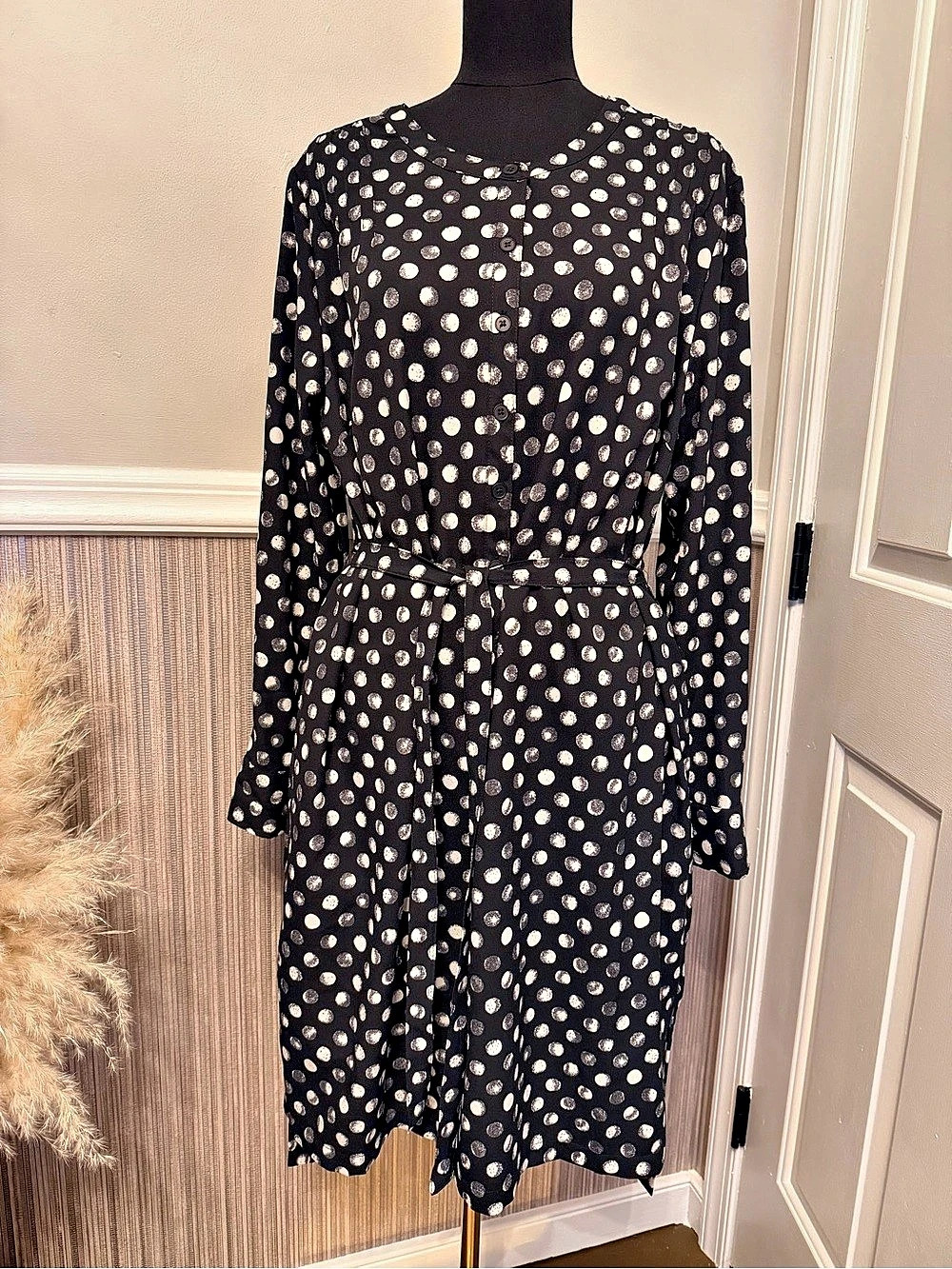 Merona XXL Black Polka Dot Belted Shirt Dress Long Sleeve Button Front Pocket